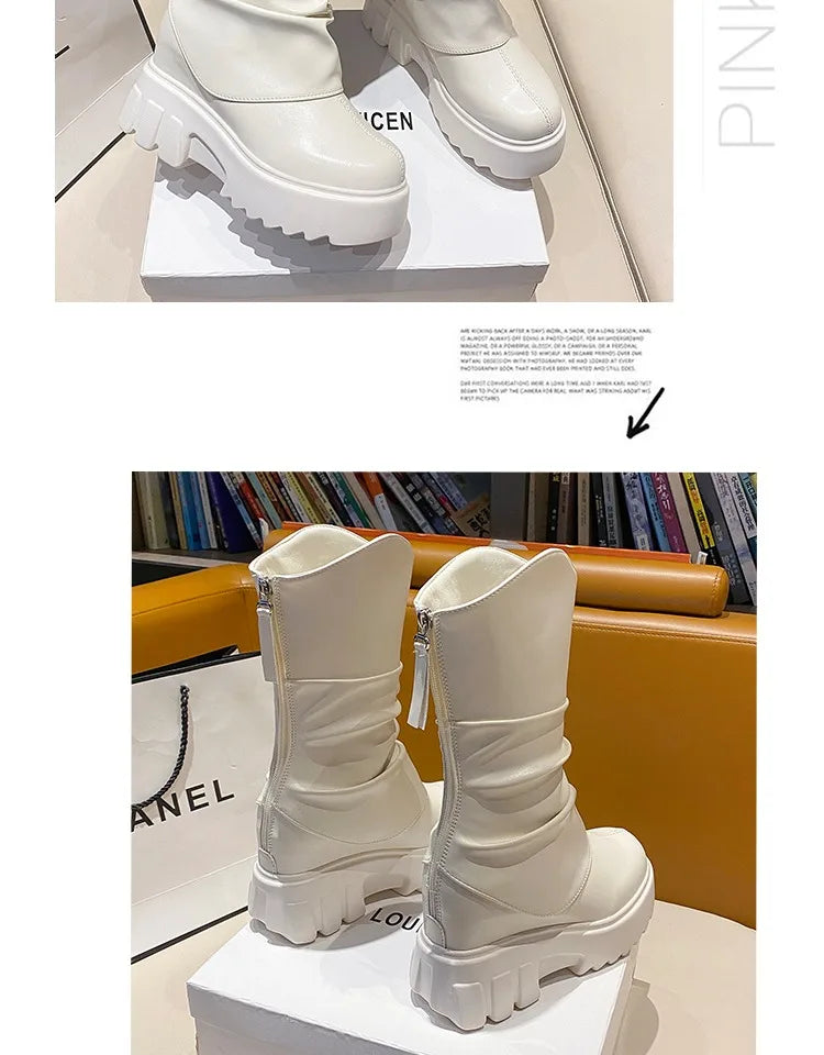 9CM Women Mid Calf Boots Autumn Winte Soft Leather Motorcycle Boots High Platform Square Heels Ladies Chunky Shoes Botas Mujer