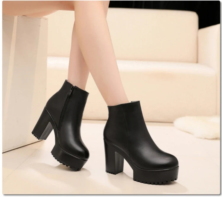 8cm 10cm Small Size 33-43 Thick Bottom Platform Shoes Ankle Boots with Fur 2024 Block High Heels Genuine Leather Boots Office