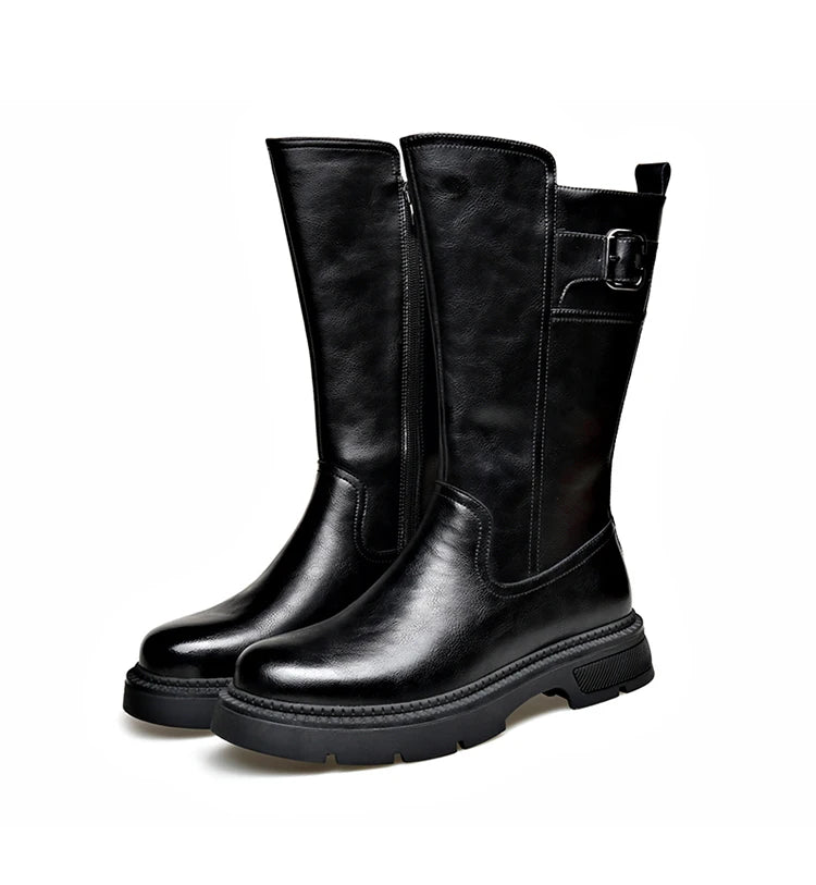 Tall Boots for Men Made of Leather with Increased Height and Soft Sole Western Cowboy Plush Insulation Knight Ankle Riding