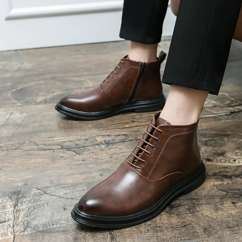 Italian Leather Men Zip Lace-Up Boots Casual Shoes Motorcycle Boots Black Winter High Quality Booties Botas Masculinas 38-46