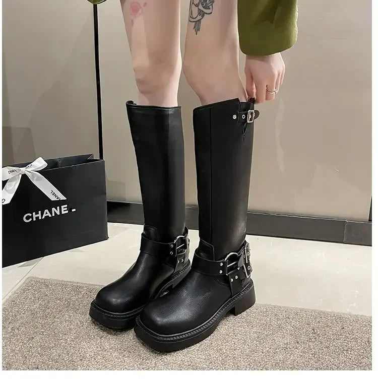 WOMEN'S platform knee-high Knight casual long boots chunky vintage fashion buckle luxury designer Western cowboy woman shoes