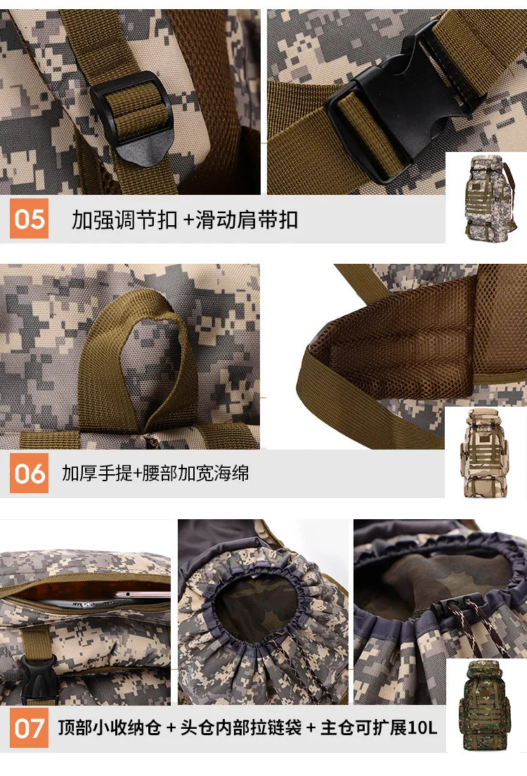 80L Waterproof Molle Camo Tactical Backpack Military Army Hiking Camping Backpack Travel Rucksack Outdoor Sports Climbing Bag