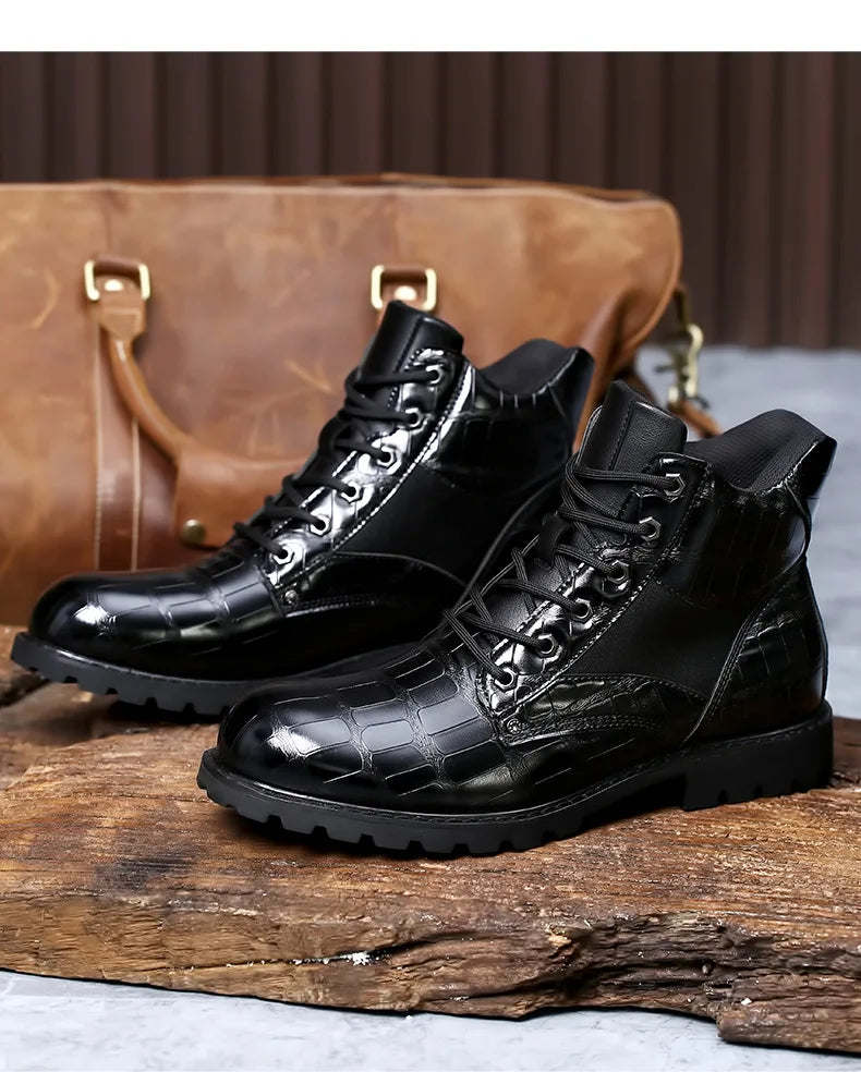 Size 38-48 Classic Design New Men's Ankle Boots Handsome Thick Sole Patent Leather Crocodile Lines Men's Short Motorcycle Boots