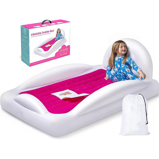 Inflatable Toddler Travel Bed with Safety Bumpers Backrest` Portable Kids Air Mattress Sleeping Bag Lazy Sofa for Travel Camping
