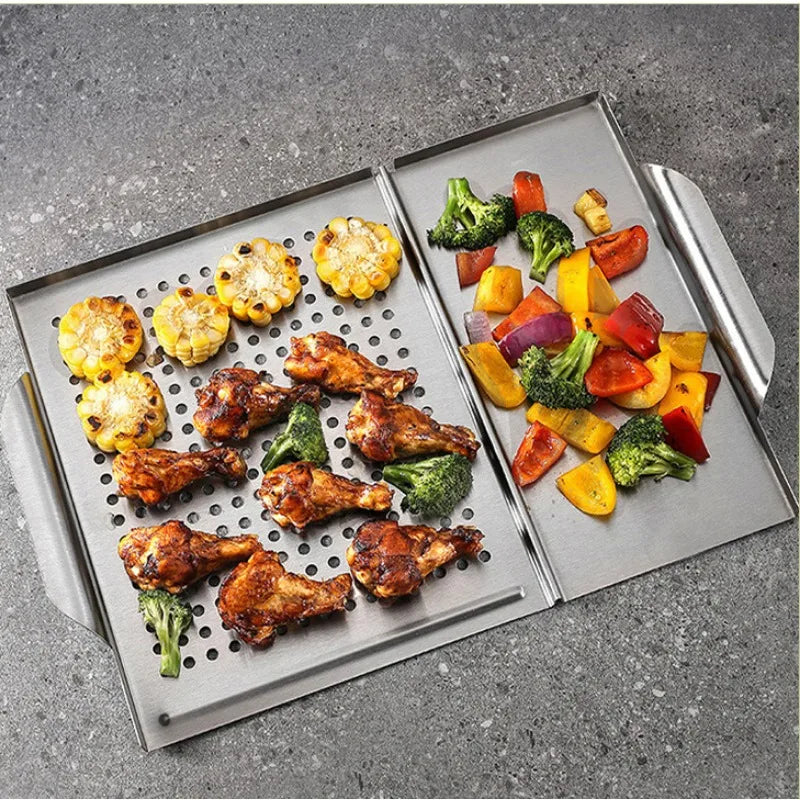 Stainless Steel Griddle Grill Pan 2-in-1 Stove Top Grill Plate Grilled Pan Vegetable Plate Grill Barbecue Trays Outdoor Grilling