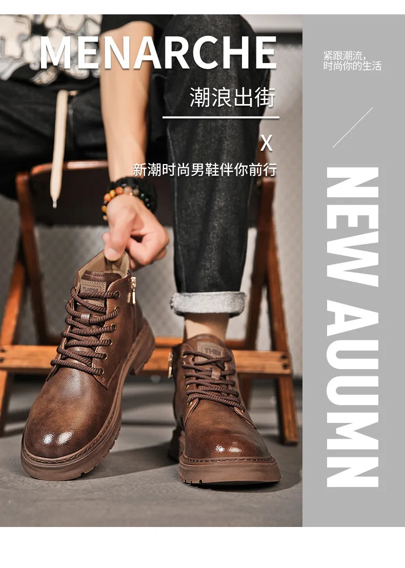 Luxury Men Ankle Boots Retro British High-top Men Boots Fashion High Quality Leather Shoes 2024 New Outdoor Men Motorcycle Boots