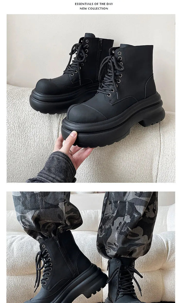 Black boots for men thick sole 7CM height increase high top motorcycle boots trendy and fashionable outdoor workwear shoes