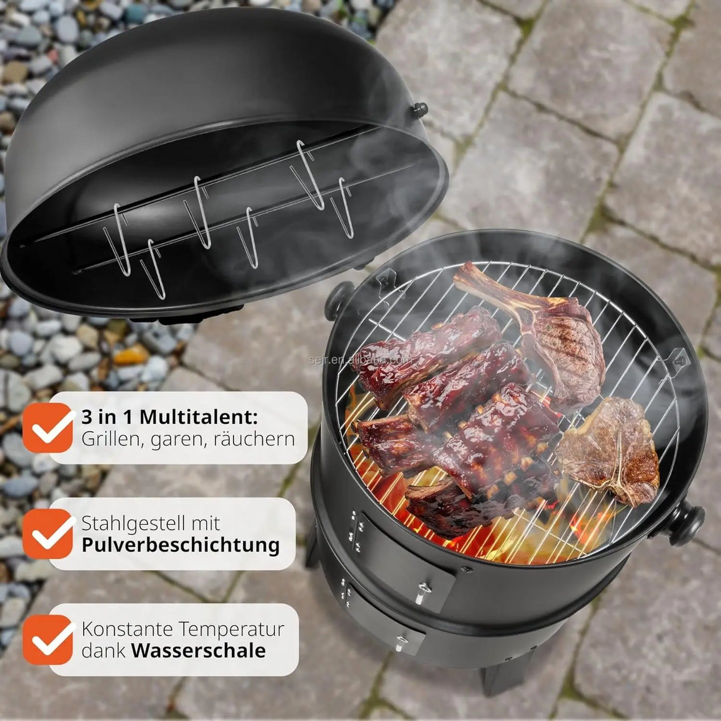 3 in 1 Outdoor BBQ Charcoal Grill, Barbecue, Smoker with Thermometer