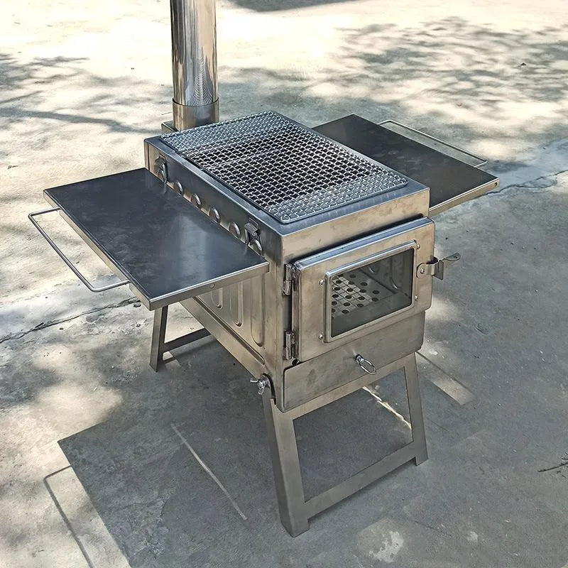 Outdoor Camping Wood Stove, Portable Charcoal Barbecue Grill, Stainless Steel, Multifunctional Cooking Tent Stove