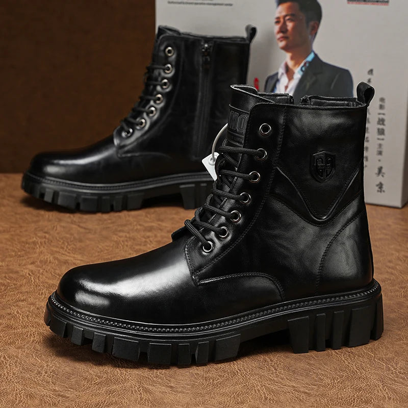 High Quality Brand Men's Leather Casual Shoes Outdoor Workwear Shoes Thick Soled Wear-resistant Men's Motorcycle Boots Handsome