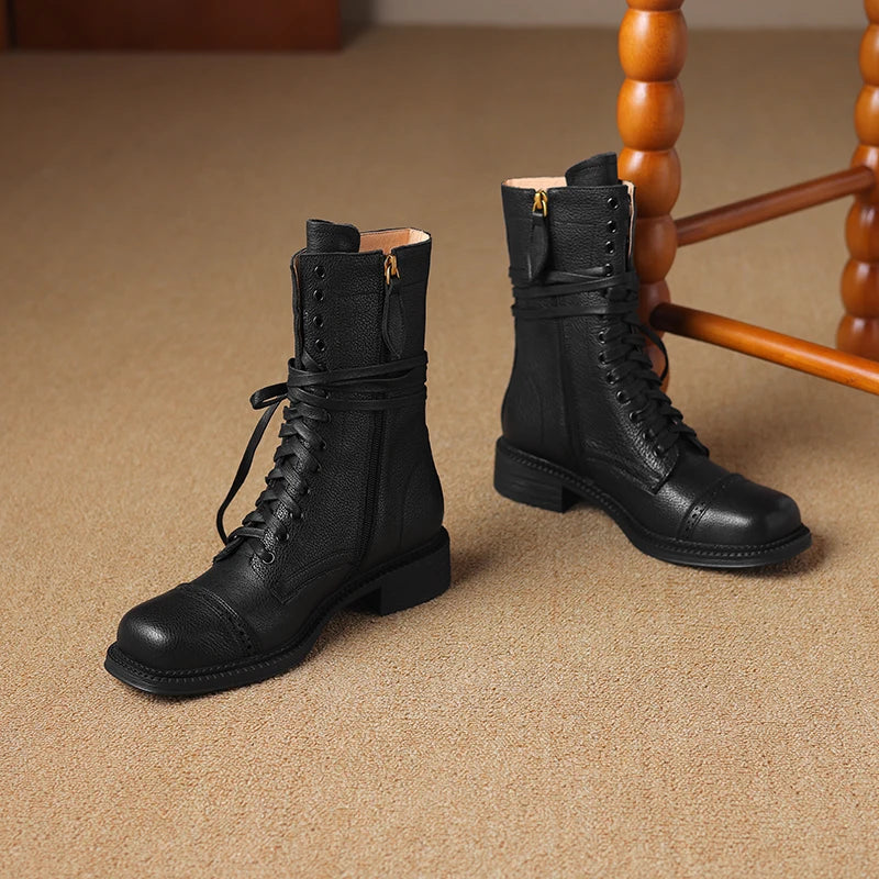 2025 New Autumn Winter Genuine Leather Women Shoes Lace-up Chelsea Women Boots Ankle Boots Chunky Boots Western Women Shoes