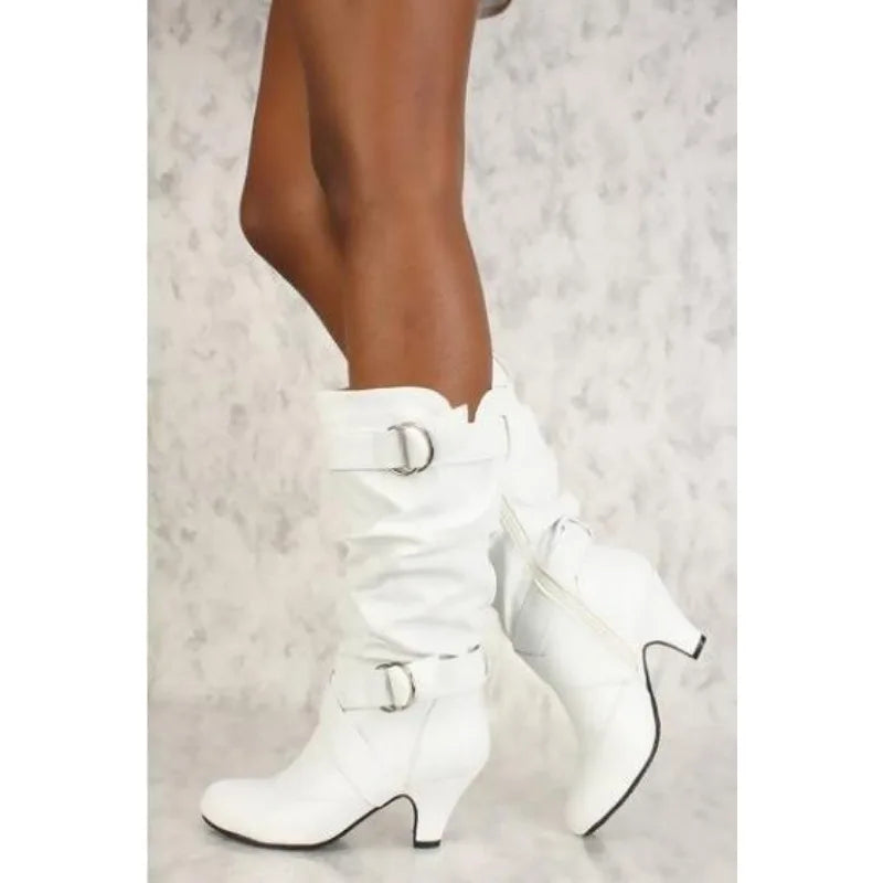 Sexy Women's Boots Mid Calf New Fashion Casual Boot 3CM Square Heel Metal Decoration Belt Buckle Evening Dress Pumps Women Shoes