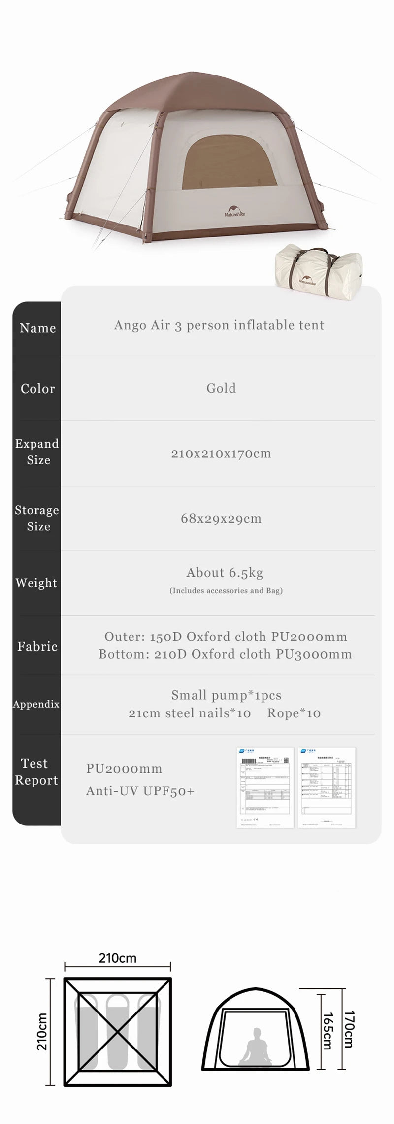 Naturehike Ango Air Outdoor Silver Coated Sunscreen Inflatable Tent Portable Camping Large Space Folding Tent Park Family Tent