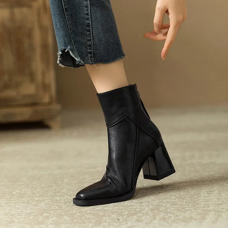 Woman Chunky Ankle Boots Women Zipper Retro Brown Soft Leather Short Boot Autumn New Square Toe Casual High Heel Booties Mujer