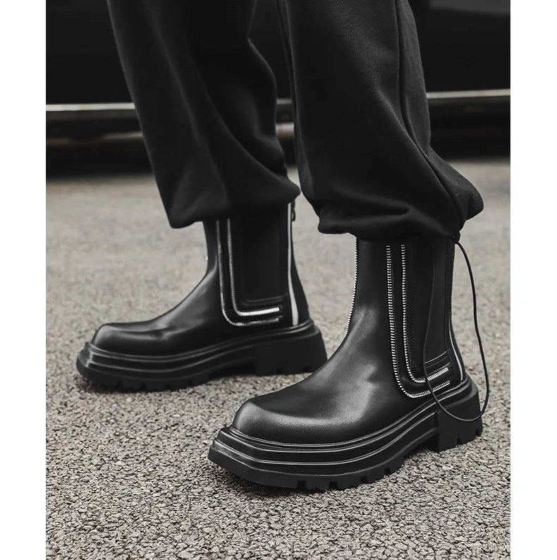men's fashion punk rock high chelsea boots designer platform shoes cowboy original leather boot square toe long motorcycle botas