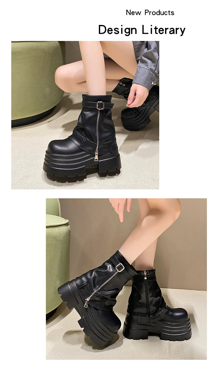 Women's Autumn Winter Leather Ankle Boots 10CM Heels Chunky Platform Combat Boots New Non Slip Motorcycle Shoes Woman Punk Boots