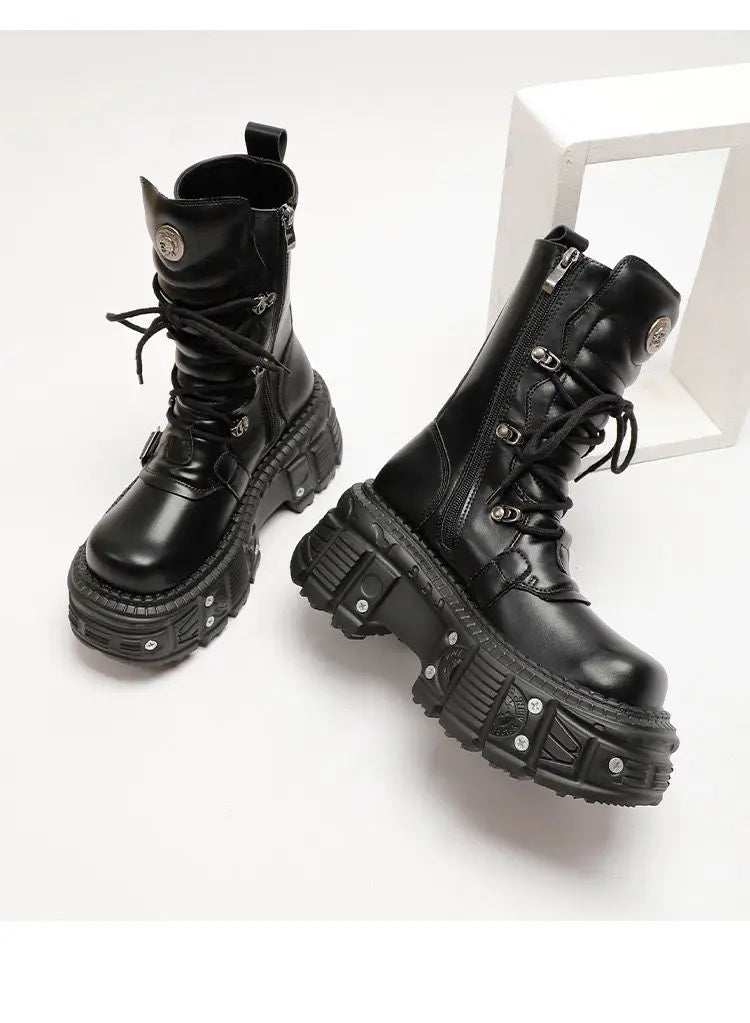 Women's 2025 New Niche Internet Celebrity Muffin Platform Locomotive Punk Goth Lace-up Medium Boots