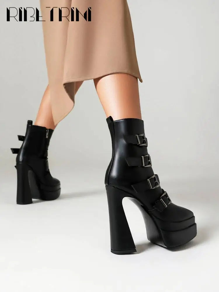 Platform Women Boots Pounted Toe High Heeled Double Platform Shoes Ankle Buckle Punk Goth Cool Fashion Brand Winter Boots Woman