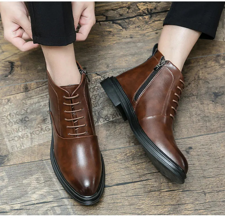 Italian Leather Men Zip Lace-Up Boots Casual Shoes Motorcycle Boots Black Winter High Quality Booties Botas Masculinas 38-46