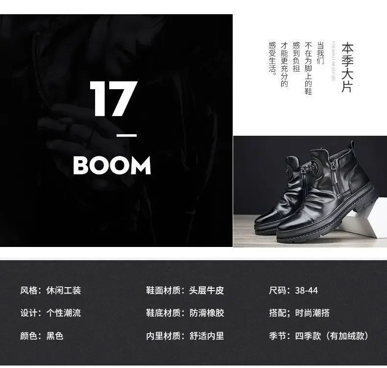 Men's Motorcycle Leather Boots British Style Round Head High Top Shoes Side Zip Walking Casual Platform Boots Bota Masculina