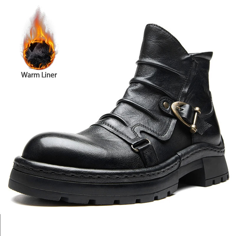 Brown Leather Motorcycle Boots Mens Round Head High Top Motorbike Boots Quality Moto Riding Shoes Thick Soled Summer Winter