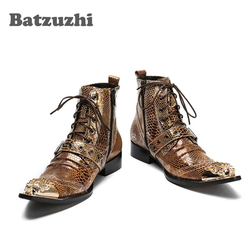 NEW Western Punk Men Boots Ankle Golden Leather Short Boots Rock Winter Autumn Motorcycle Boots Men botas hombre,US6-12