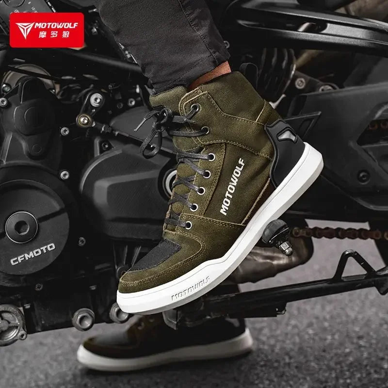 MOTOWOLF Motorcycle Boots Summer Breathable Leather Ventilated Riding Shoes Retro Anti-Slip Off-road Biker Shoes for Men Women