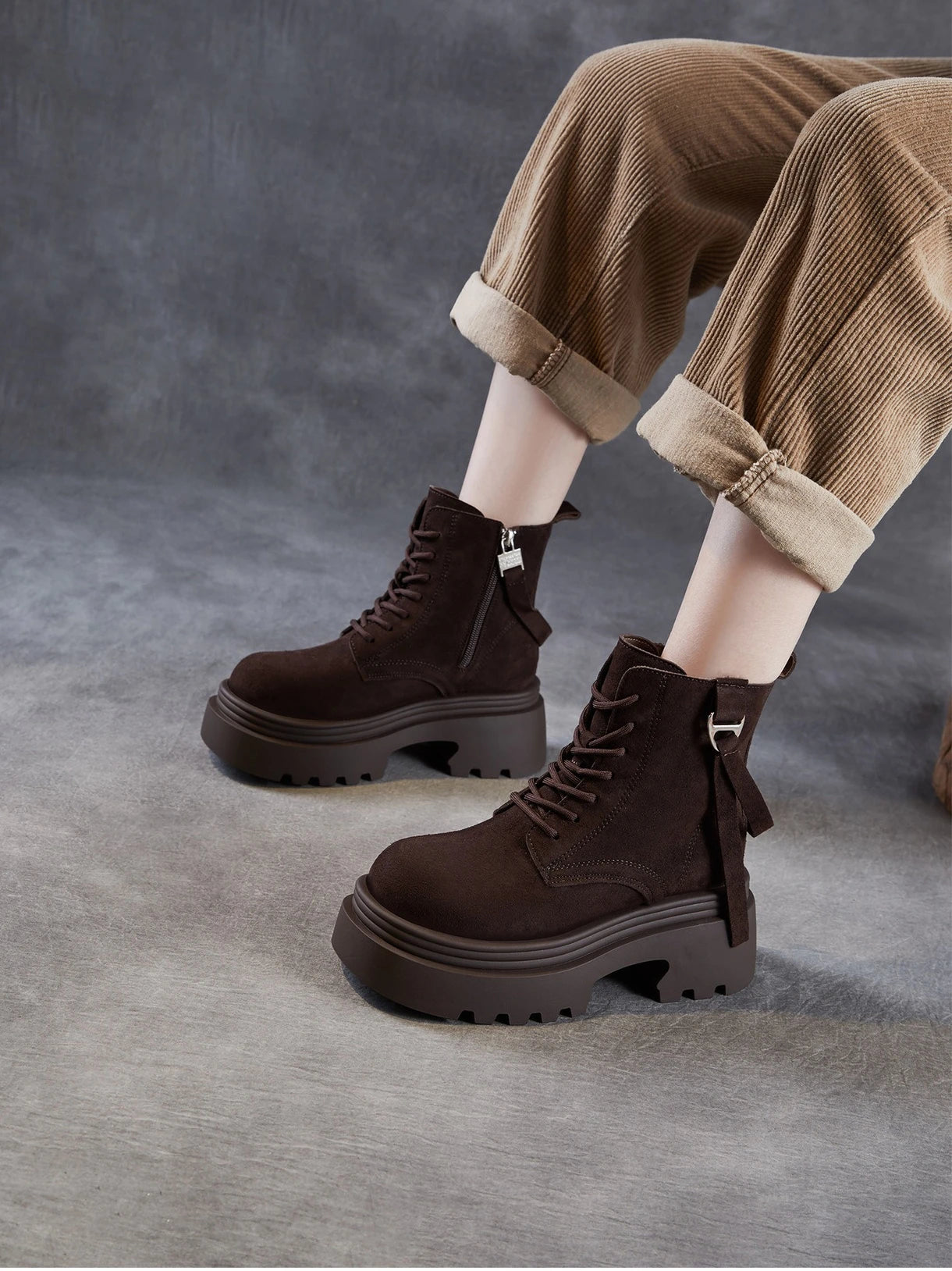 6.5cm Cow Suede Genuine Leather Women Booties Elthnic Pumps Comfy Ankle Knee High Spring Motorcycle Shoes Flats Platform Wedge