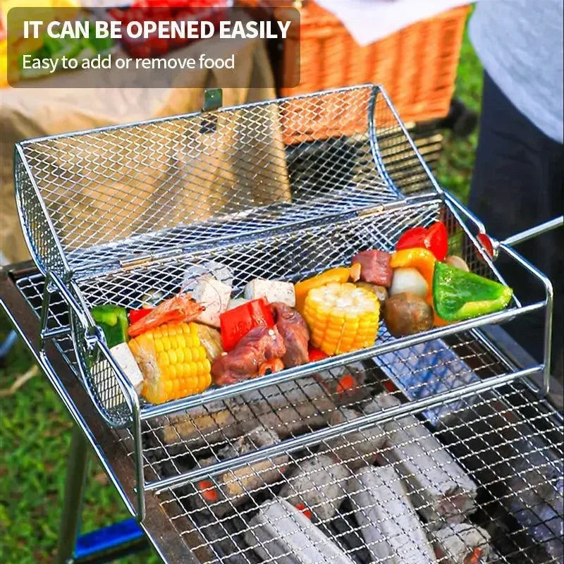 Stainless Steel Rolling BBQ Grill Manual Rotating Barbecue Cage with Base Rotisserie Basket Roll Barbecue Cage Outdoor Roaster