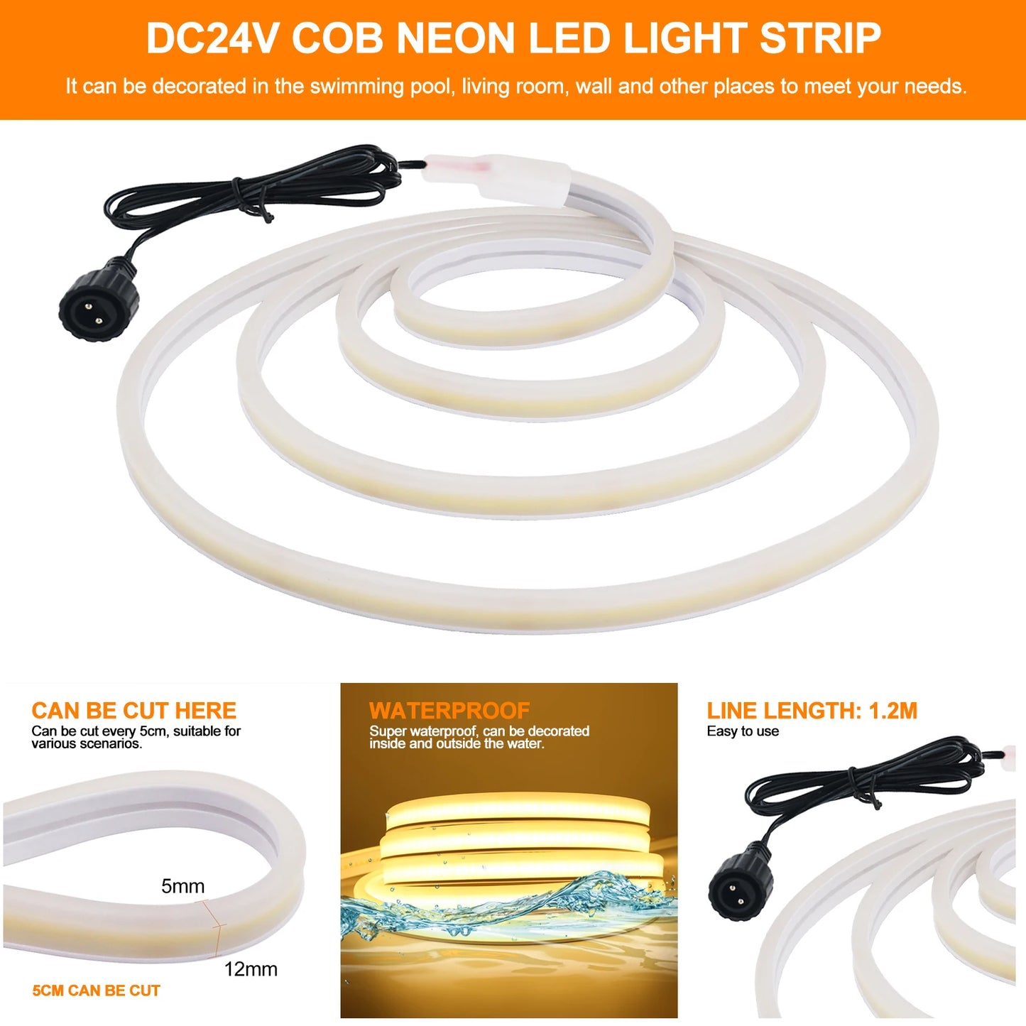 24V Solar Powered COB LED Strip Light Double Side Glow 320 LEDs/m Waterproof Flexible Neon Tape Indoor Outdoor Linear Lighting