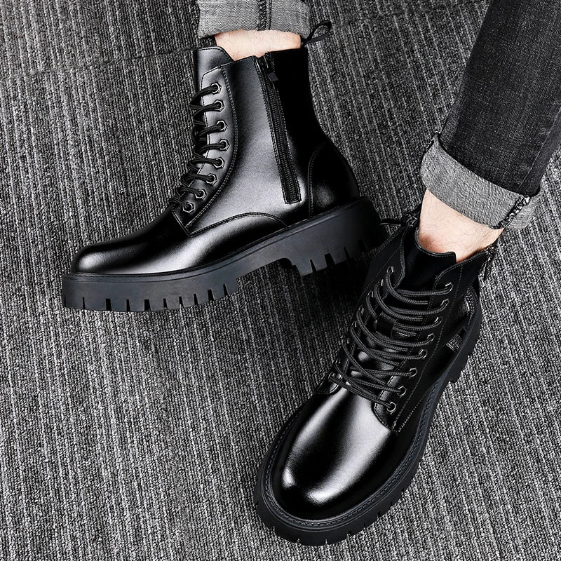 Retro Casual PU Leather Mens Motorcycle Boots Fashion Winter Plush Snow Boots Comfortable Leather High Top Shoes Man Warm Botas