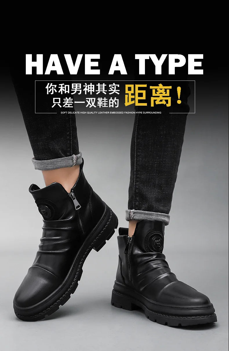 Luxury Men's Ankle Boots New High Top Men Shoes Motorcycle Leather Boots Zipper Retro Men's Boots Casual Shoes Bota Masculina