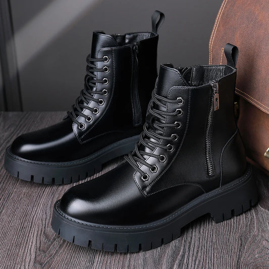 Retro Casual PU Leather Mens Motorcycle Boots Fashion Winter Plush Snow Boots Comfortable Leather High Top Shoes Man Warm Botas