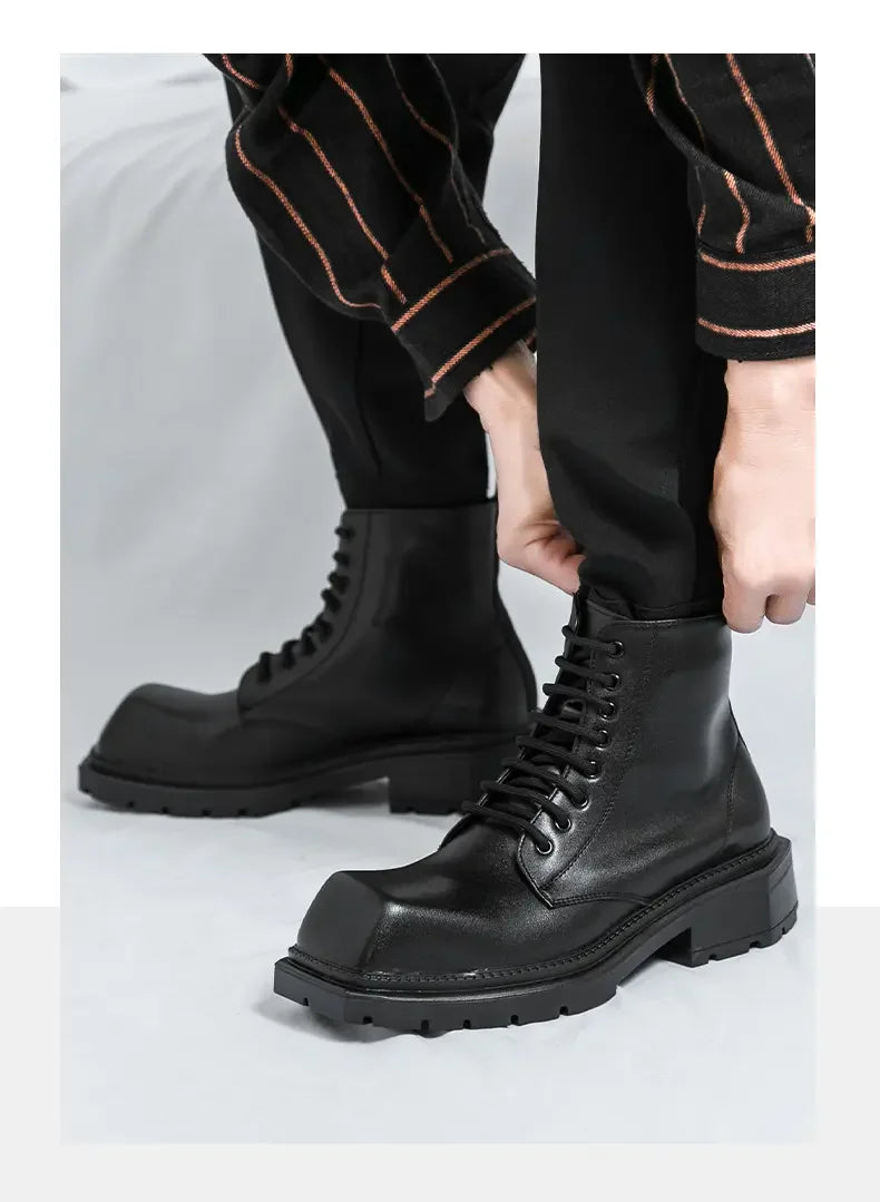 Large Men's Autumn High Top Casual British Motorcycle Shoes, Retro Trendy Brand Height Increasing Big Head Leather Boots