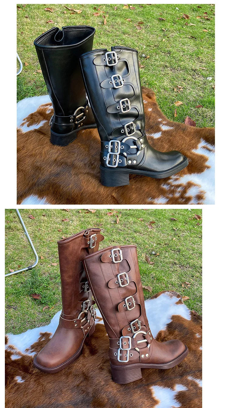 Women's High Platform Boots Metal Buckle Thick Heel Motorcycle Boots Vintage Soft Leather Punk Boot Brown Leather Knight Boot