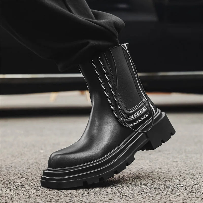 men's fashion punk rock high chelsea boots designer platform shoes cowboy original leather boot square toe long motorcycle botas