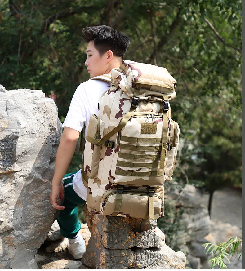 80L Waterproof Molle Camo Tactical Backpack Military Army Hiking Camping Backpack Travel Rucksack Outdoor Sports Climbing Bag