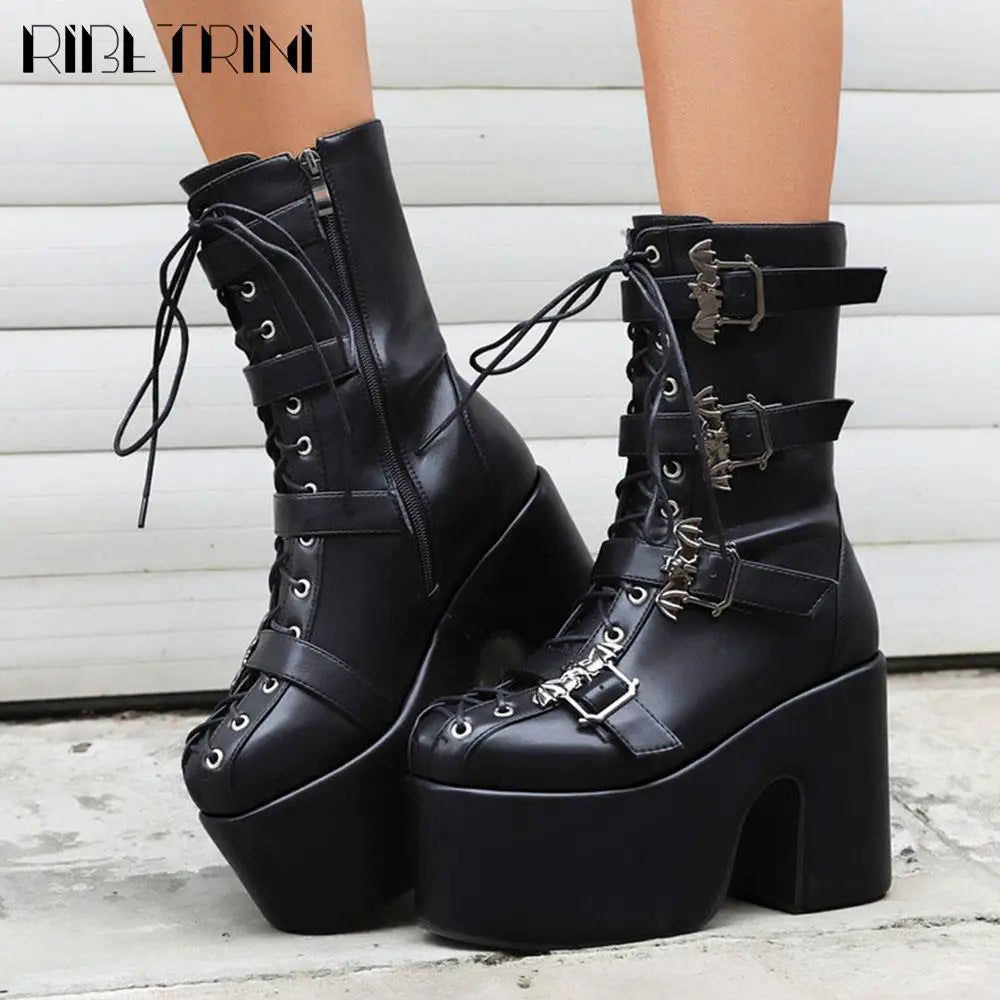 Punk Goth Women Motorcycle Boots Block High Heels Platform Shoes  Woman 2024 New Brand Luxury Fashion Design Cool Street Boots