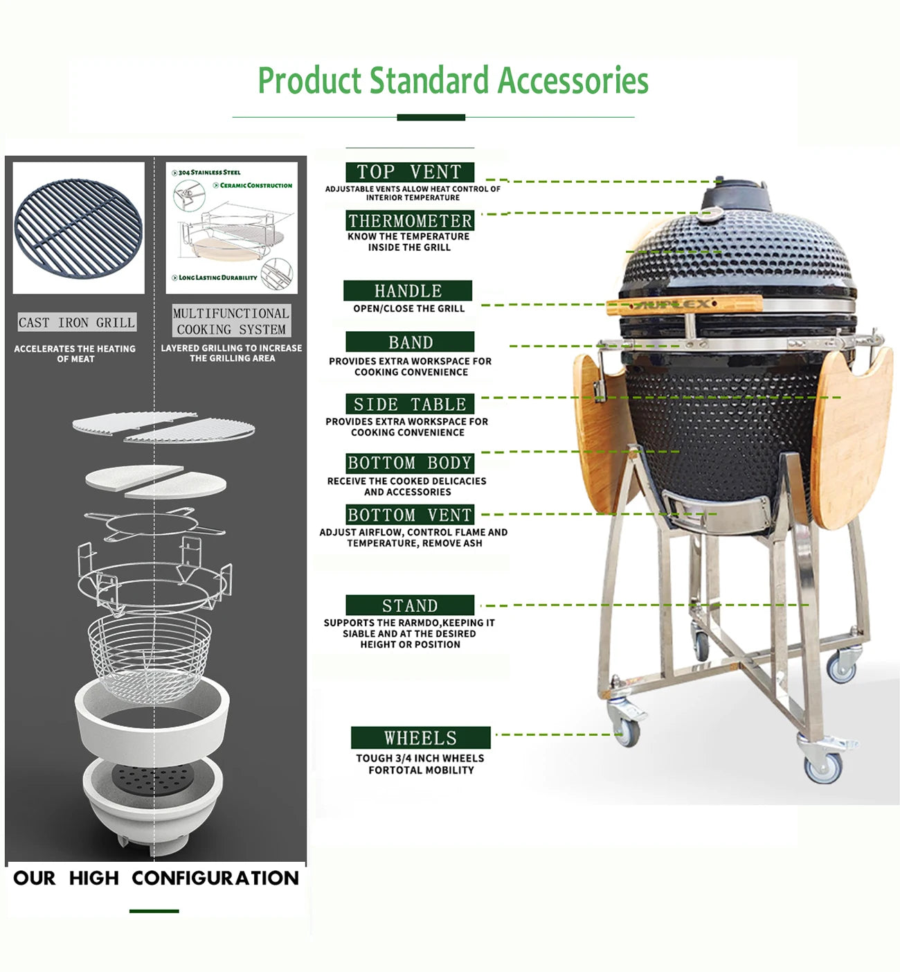 Auplex Manufacturer Hot Sale 21 Inch Kamado Outdoor BBQ Kitchen Camping Charcoal BBQ Grill