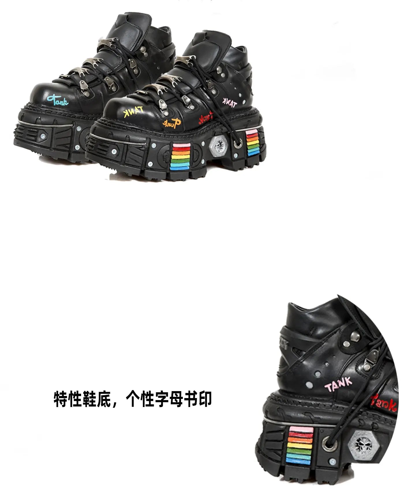 Fashion Men's Genuine Leather Punk New Motorcycle Boots Spanish Tank Metal High-Top Platform Women Handmade Ankle Shoes