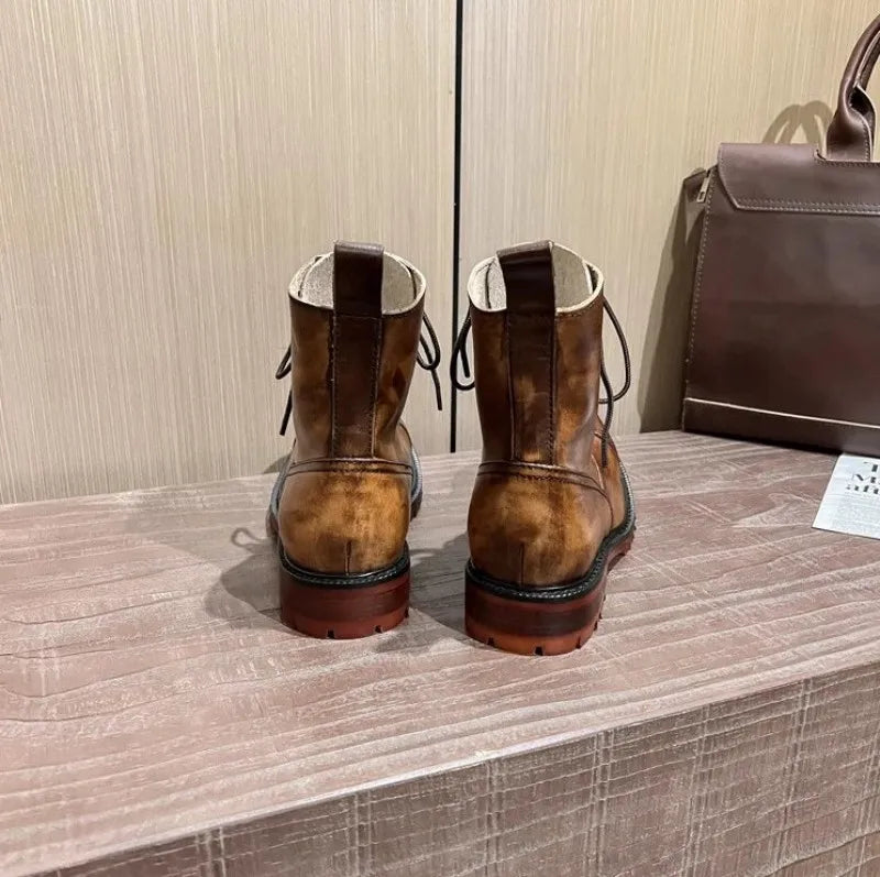 Vintage Mens Round Toe Lace Up High Top Work Safety Shoes Cowhide Genuine Leather Ankle Boots British Motorcycle Riding Boots 45