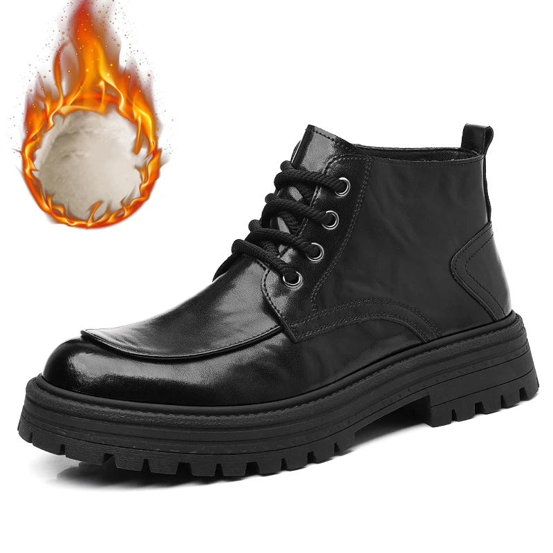 Outdoor Men High Top Leather Shoes Classic Black Leather Boots Motorcycle Breathable Riding Mid-calf Ankle Boots Warm Work Shoes