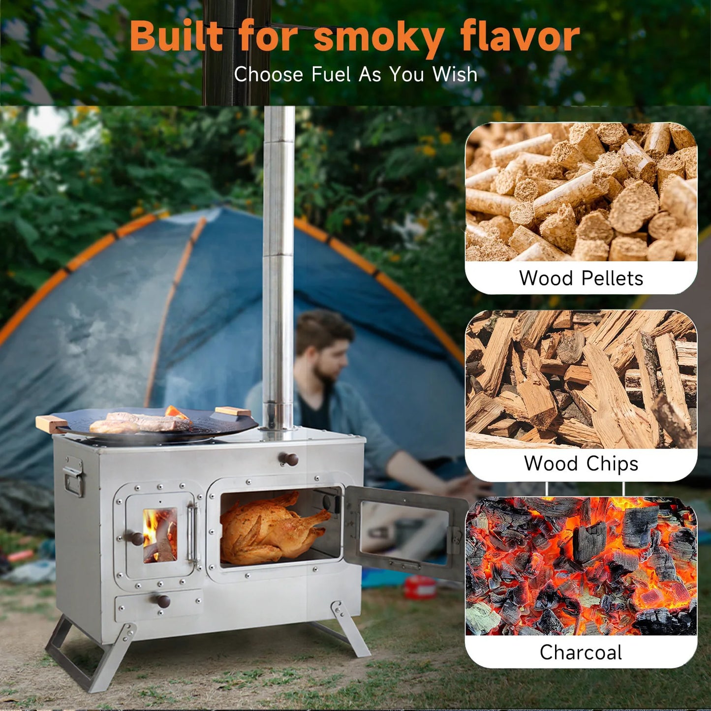 Wood Fire Oven Outdoor BBQ Stove with 9" Pizza Oven Large Multifunction Wood Fired Burning Stove Built-In Thermometer Camping