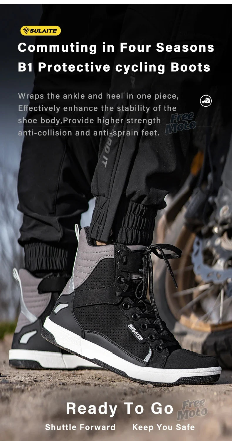 SULAITE Wear Resistant Motocross Protective Shoes The Four Seasons Breathable Motorcycle Boots Moto Equip Reflective Moto Shoes