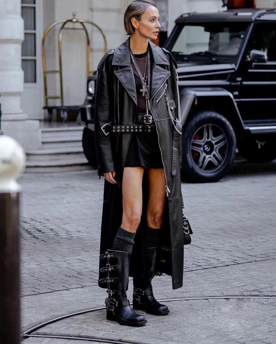 Arden Furtado 2025 Genuine Leather Platform Rivet Motorcycle boots Round toe Belt buckle Block heel mid wide calf Western boots