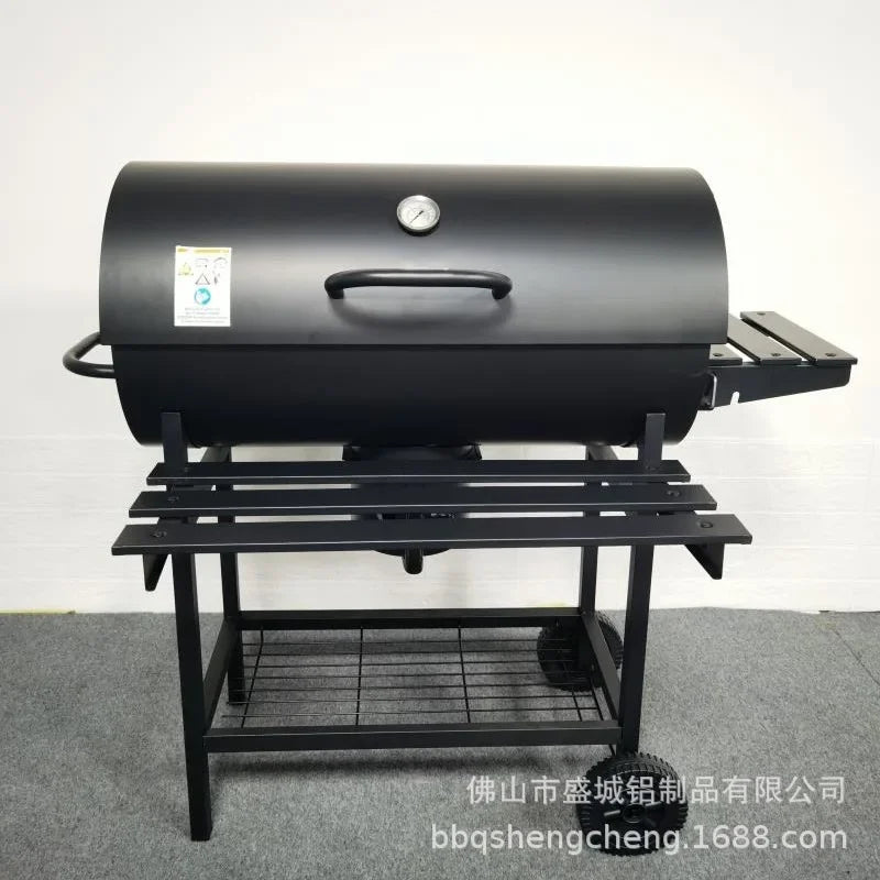 Charcoal Grill Barrel style BBQ Charcoal Grill with Three Item Racks Thermometer Double-Layer Chrome-Plated Iron Baking