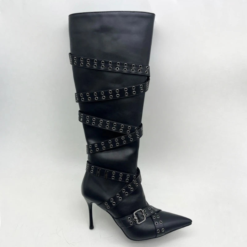 Brand Cross Strap Riveted Retro Silvery Knee High Boots New Spicy Girl Pointed High Heel Motorcycle Boots Fashion Women Shoes
