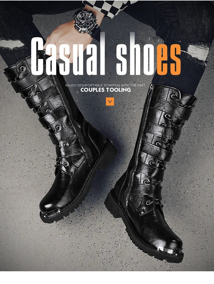 2025 High Leather Boots Men Black Boots Gothic Punk Motorcycle Boots Men Big Size 46 Comfy Platform Boots for Men Tooling Boots
