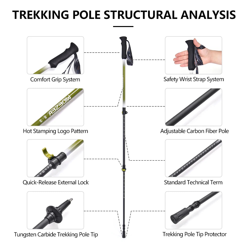 Widesea Trekking Poles 3section Telescopic Pole Carbon Installed Lock For Anti-slip Adjustment Portable Outdoor Walking Sticks