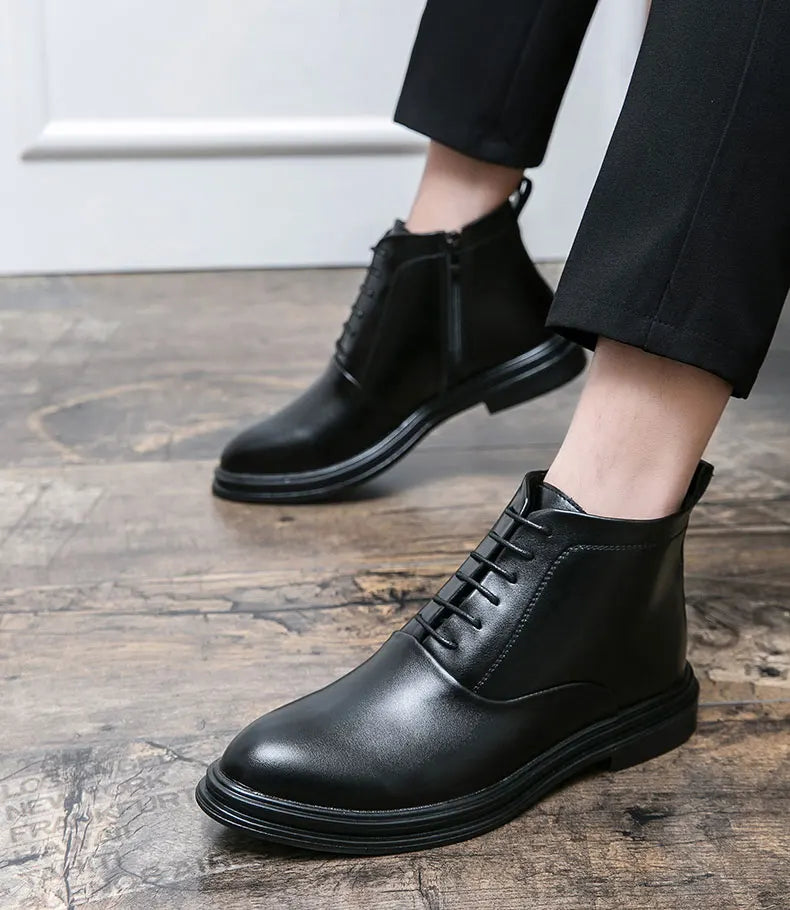 Italian Leather Men Zip Lace-Up Boots Casual Shoes Motorcycle Boots Black Winter High Quality Booties Botas Masculinas 38-46